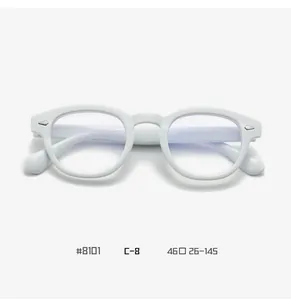 Detail view of white round full-rim glasses frame with silver triangular rivet accents