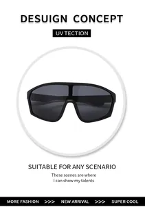 Detail showing oversized black frame cycling glasses with UV protection lens