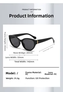Detaillierte Maße der Katzenaugen-Sonnenbrille aus PC mit UV-Schutz und 43 mm Rahmenhöhe