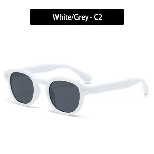 Vintage round sunglasses with white thick resin frame and grey lenses for men and women