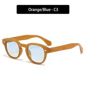 Retro round sunglasses with orange wood grain frame and light blue lenses in a classic style