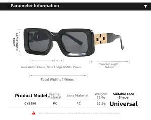 Detailed parameter chart for narrow black thick-frame sunglasses with gold chain temples