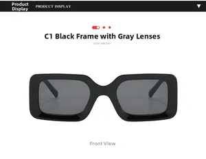 Front view of retro black rectangle sunglasses with dark grey lenses and shiny finish