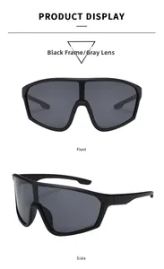Close-up of matte black frame cycling glasses with large gray lenses and side view details