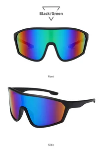 Front and side view of black frame cycling sunglasses with gradient green mirrored lenses