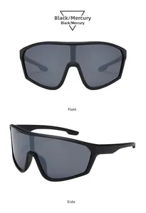 Front and side views of matte black cycling sunglasses with silver mercury lenses