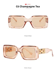 Detailed views of champagne jelly frame sunglasses with gold hollow metal temple accents