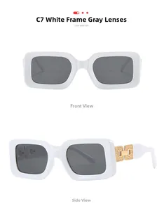 Front and side view of rectangular white sunglasses with grey lenses and gold accents