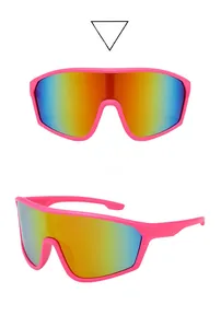Front and side views of bright pink cycling sunglasses with red mirrored lenses