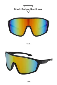 Front and side view of cycling sports sunglasses with black frames and red polarized lenses