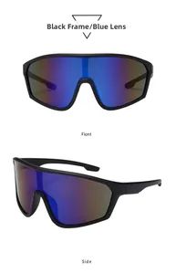Macro view of sports cycling sunglasses with black frame and blue mirrored lenses