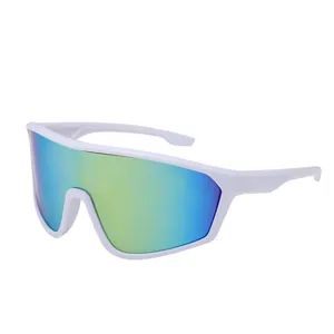White sports cycling sunglasses with oversized iridescent gradient reflective lenses