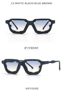 Vistas frontal y lateral de gafas de sol negras mate con lentes degradadas azul-marrón