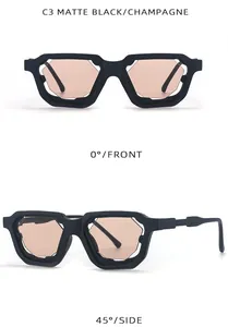 Vistas frontal y lateral de gafas de sol cuadradas en negro mate con lentes champán