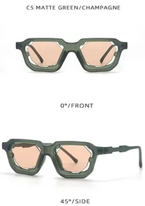 Vista detallada de las gafas de sol geométricas verde mate con lentes color champán