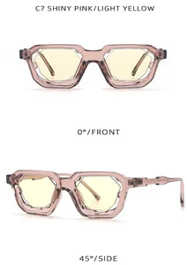 Vistas frontal y lateral de gafas de sol rosa con lentes de color amarillo claro