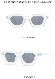 Vista detallada de gafas de sol transparentes cepilladas con lentes hexagonales oscuras