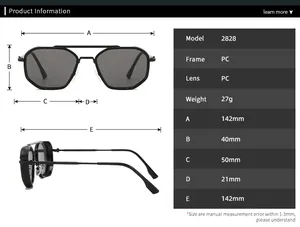 Detailed size chart for retro punk metal sunglasses showing frame width and lens height