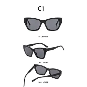 Trois vues de lunettes de soleil œil de chat noires avec verres gris sous différents angles
