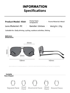 Detailed size chart for classic metal aviator sunglasses with precise frame measurements