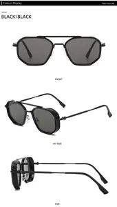 Three-angle views of black pilot sunglasses with metallic mesh side shield details