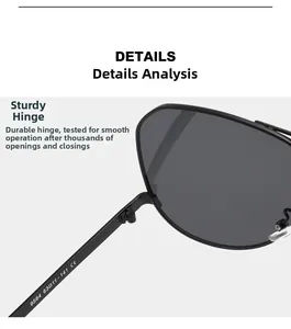 Detail of durable metal hinges and CE certification markings on black aviator sunglasses