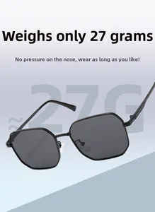 Detail showing the lightweight 27g metal frame of the square black polygon sunglasses