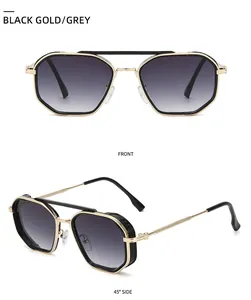 Front and side view of steampunk aviator sunglasses with gold frame and side shields