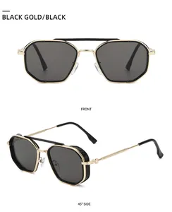 Detailed front and side view of black gold vintage punk metal double bridge sunglasses