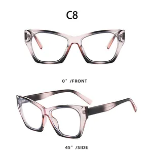 Vue détaillée de lunettes œil de chat dégradé rose-violet avec angles face et profil