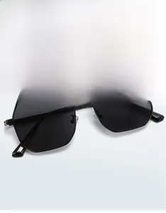 Detail of square black sunglasses with 9569 specifications printed on the inner temple
