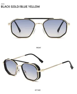 Macro view of retro steampunk sunglasses with black gold frames and gradient lenses