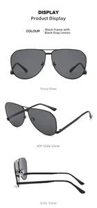 Detailed views of aviator sunglasses with black metal frame and grey lenses
