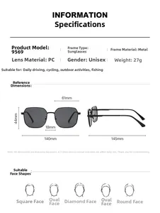 Detailed size chart for square metal sunglasses showing 140mm frame width and PC lens specs