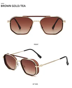 Macro detail of brown lenses and gold metal frames with side side shields on sunglasses