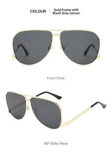 Front and 45-degree side views of gold aviator sunglasses with black gray lenses
