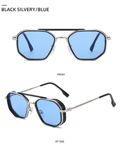 Steampunk sunglasses with silver frame, blue lenses, and metal mesh side details