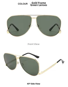 Front and side views of gold frame aviator sunglasses with green lenses