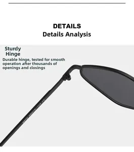 Gros plan sur la charnière métallique et les spécifications des lunettes de soleil noires