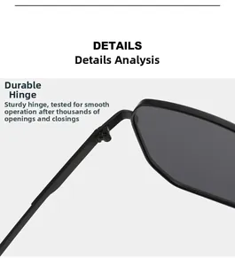 Detailed close-up of sturdy metal hinges on classic black square frame sunglasses