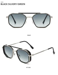 Retro punk sunglasses with silver metal frames and side mesh shields in a high-detail macro view