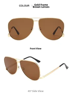 Front and 45-degree side view of classic gold metal frame aviator sunglasses with brown lenses