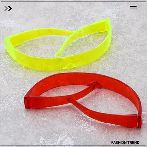 Close-up of neon yellow and deep red futuristic shield sunglasses with a sleek wrap design
