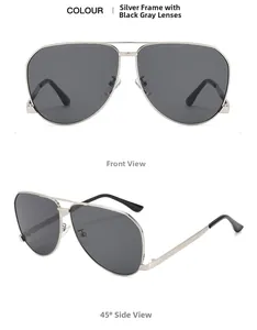 Close-up of silver aviator sunglasses with dark grey lenses in front and side views
