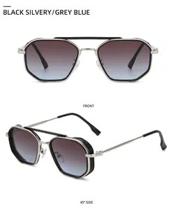 Front and 45-degree side views of metal aviator sunglasses with grey blue gradient lenses