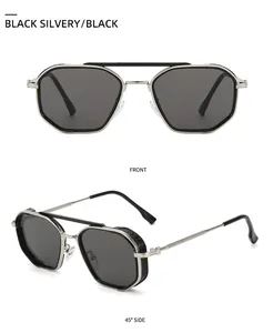 Detailed front and side view of punk style hexagonal metal sunglasses with double bridge