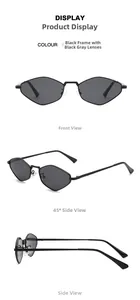 Trois vues de lunettes de soleil en métal polygone avec monture noire et verres gris