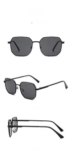 Three-angle views of black frame hexagonal sunglasses with dark grey gradient lenses