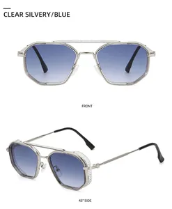 Front and 45-degree side views of silver vintage punk sunglasses with blue gradient lenses