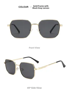 Front and 45-degree side views of gold square metal sunglasses with dark grey lenses